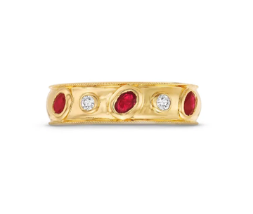 Alternating Ruby and Diamond Bezel Gold Ring 14K