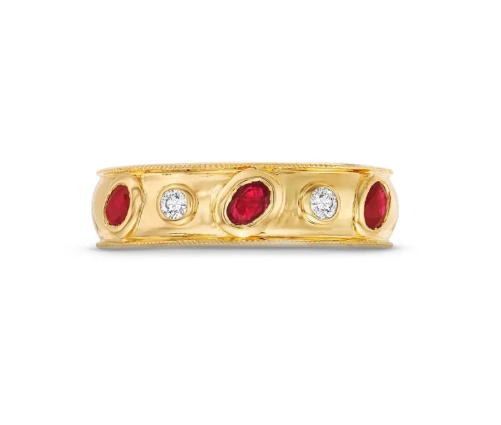 Alternating Ruby and Diamond Bezel Gold Ring 14K