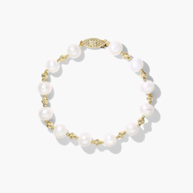 Freshwater Cultured Pearl and Textured Bead Bracelet In 14K Yellow Gold