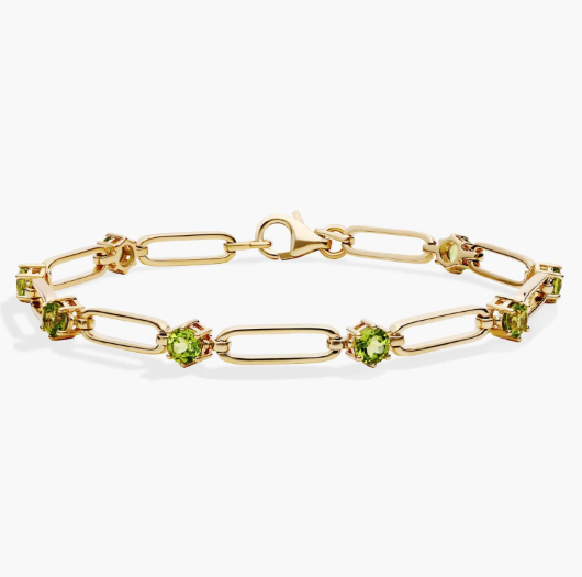 Round Peridot Paperclip Bracelet in 14k Yellow Gold