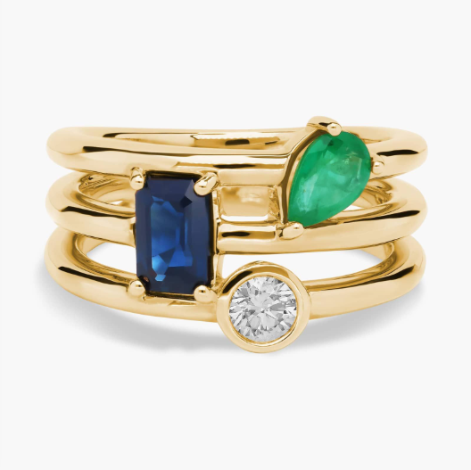 Faux Stacking Ring with Sapphire, Emerald and Diamond in 14k Yellow Gold