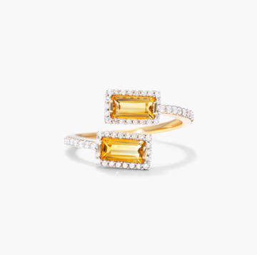 Emerald Cut Citrine And Diamond Halo Bypass Ring In 14K Yellow Gold