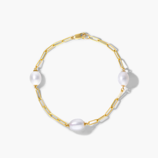 Freshwater Cultured Pearl Station Paperclip Bracelet In 14K Yellow Gold