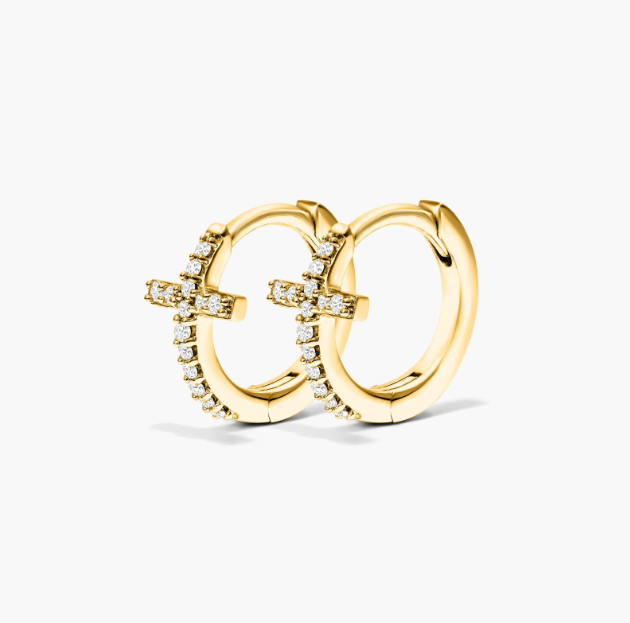 Cross Diamond Huggie Hoop Earrings In 14K Yellow Gold