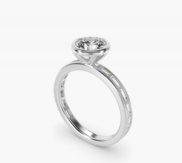 Bezel Engagement Ring with Channel Set Diamond Accent in 14K White Gold
