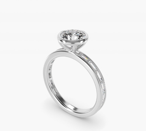 Bezel Engagement Ring with Channel Set Diamond Accent in 14K White Gold