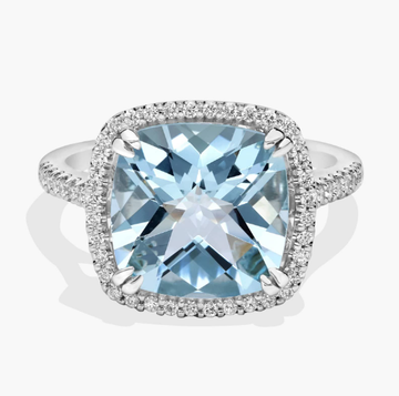 Cushion-Cut Aquamarine Diamond Halo Cocktail Ring in 14k White Gold (10.5mm)