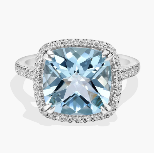 Cushion-Cut Aquamarine Diamond Halo Cocktail Ring in 14k White Gold (10.5mm)