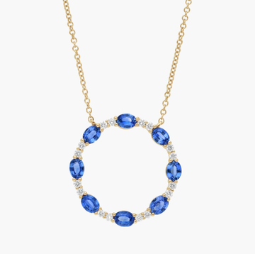 Oval Cut Blue Sapphire and Diamond Circle Pendant Necklace In 14K Yellow Gold