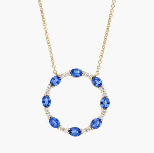 Oval Cut Blue Sapphire and Diamond Circle Pendant Necklace In 14K Yellow Gold