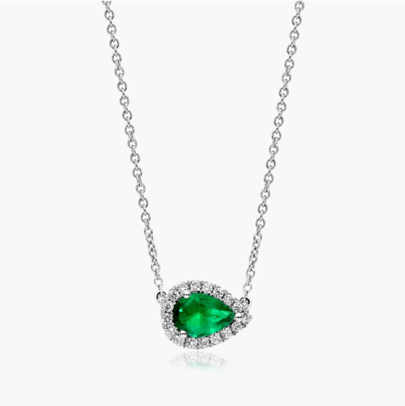 18K White Gold Sideways Pear Emerald and Diamond Halo Necklace