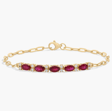 Diamond and Ruby Paperclip Bracelet in 14K Yellow Gold