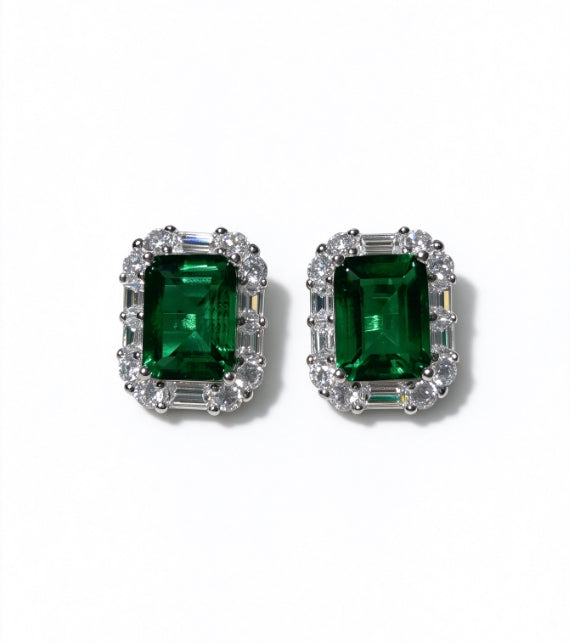 Emerald Cut Lab Grown Emerald Stud Earrings, Total 6ct in S925 Silver