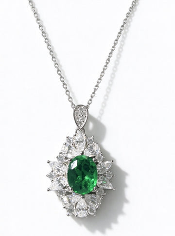 Oval Cut Lab Grown Emerald Pendant Necklace, 3.5ct Center Stone in S925 Silver