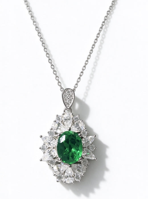Oval Cut Lab Grown Emerald Pendant Necklace, 3.5ct Center Stone in S925 Silver