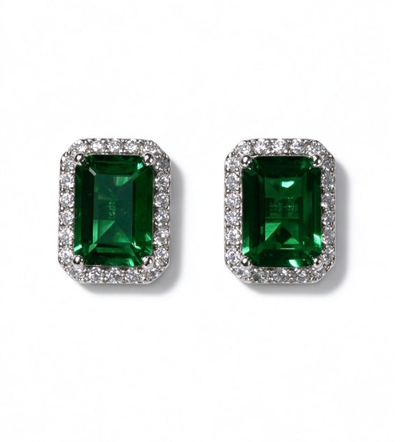 Emerald Cut Lab Grown Emerald Stud Earrings, Total 2ct in S925 Silver