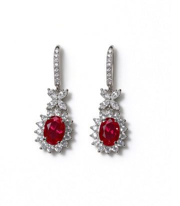 Oval Cut Lab Grown Ruby Drop Earrings, Total 2ct in S925 Silver