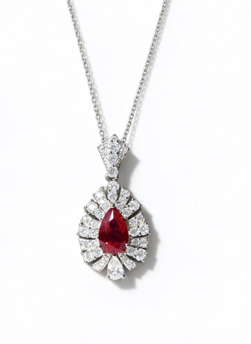 Pear Cut Lab Grown Ruby Pendant Necklace, 3ct Center Stone in S925 Silver