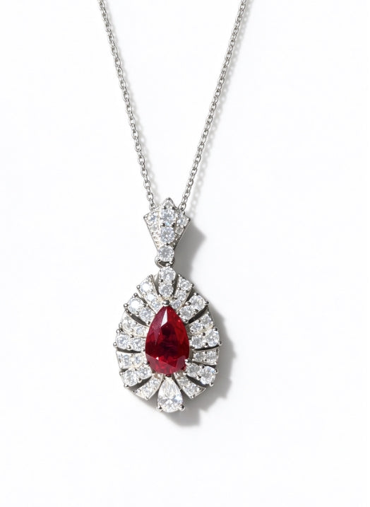 Pear Cut Lab Grown Ruby Pendant Necklace, 3ct Center Stone in S925 Silver