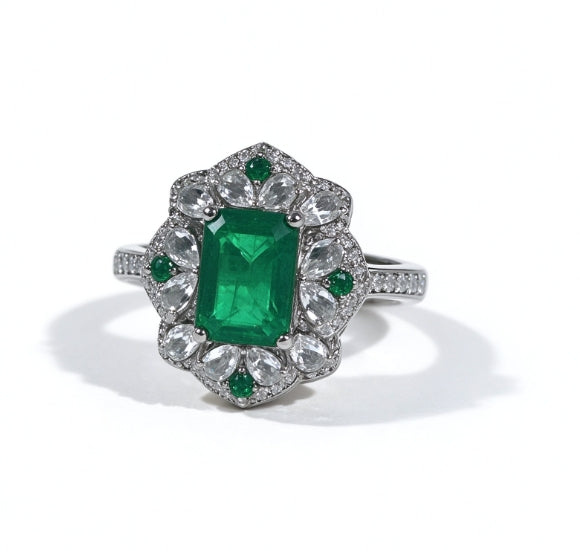 Emerald Cut Lab Grown Emerald Ring, Center Stone 2.0ct in S925 Silver
