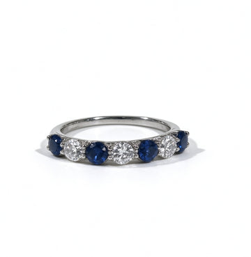 Round Lab Grown Sapphire & White Stone Band Ring, 0.8ct in S925 Silver