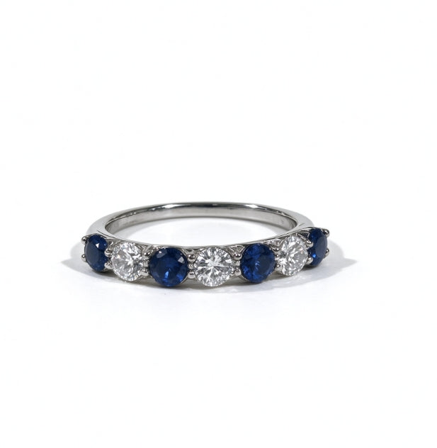 Round Lab Grown Sapphire & White Stone Band Ring, 0.8ct in S925 Silver