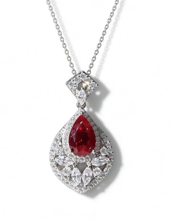 Pear Cut Lab Grown Ruby Pendant Necklace, 4ct Center Stone in S925 Silver