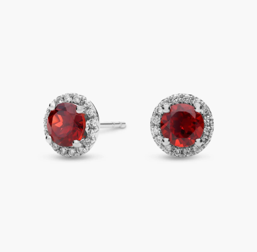 Garnet and Micropavé Diamond Stud Earrings in 18k White Gold (5mm)