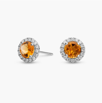 Citrine and Micropavé Diamond Halo Earrings in 14k White Gold (5mm)