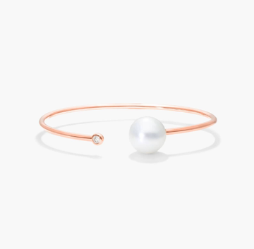 South Sea Cultured Pearl and Bezel Set Diamond Bangle Bracelet In 18K Rose Gold