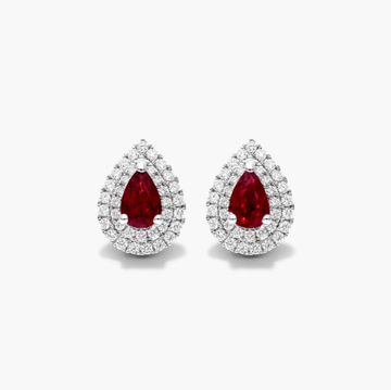 Pear Shape Ruby And Diamond Double Halo Earrings In 18K White Gold
