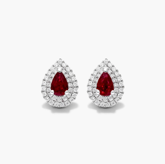 Pear Shape Ruby And Diamond Double Halo Earrings In 18K White Gold