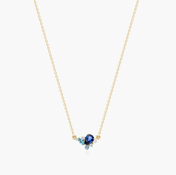 14K Yellow Gold Sapphire, Blue Zircon and Diamond Cluster Necklace