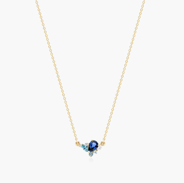 14K Yellow Gold Sapphire, Blue Zircon and Diamond Cluster Necklace