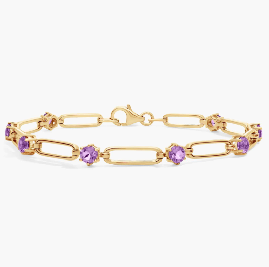 Round Amethyst Paperclip Bracelet in 14k Yellow Gold