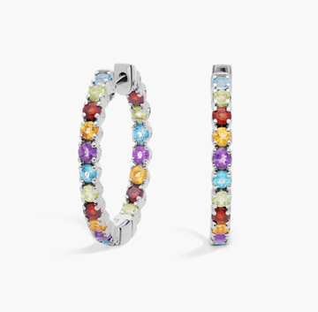 Multicolored Gemstone Hoop Earrings in Sterling Silver (2.5mm)