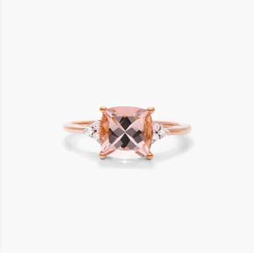 Cushion Cut Morganite And Diamond Trio Accent Ring In 14K Rose Gold