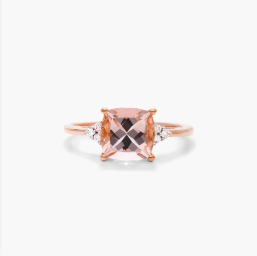 Cushion Cut Morganite And Diamond Trio Accent Ring In 14K Rose Gold