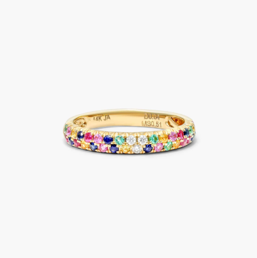 Double Row Pavé Multicolor Ring In 14K Yellow Gold