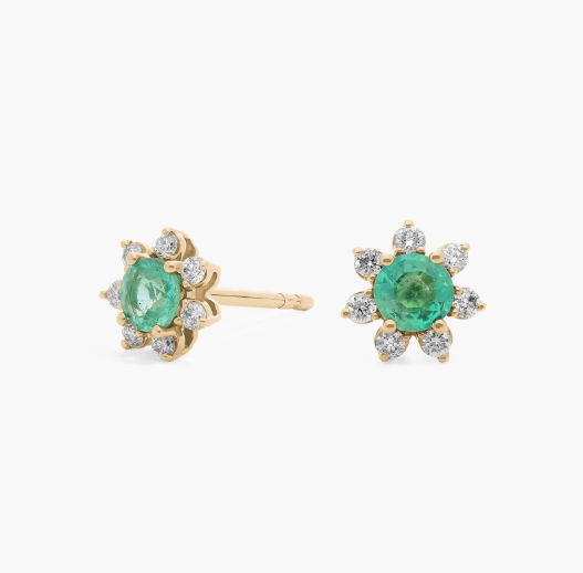 Mini Emerald Earrings with Diamond Blossom Halo in 14k Yellow Gold (3.5mm)