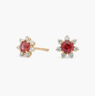 Mini Garnet Earrings with Diamond Blossom Halo in 14k Yellow Gold (3.5mm)