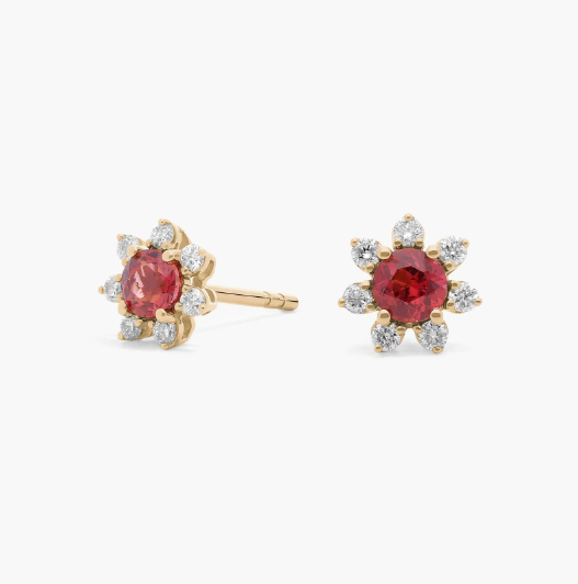 Mini Garnet Earrings with Diamond Blossom Halo in 14k Yellow Gold (3.5mm)