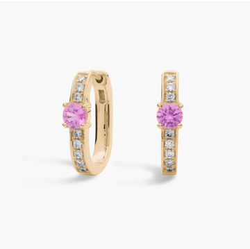 Front Facing Pink Sapphire and Diamond Hoop Earrings in 14k Yellow Gold