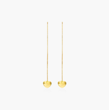Puffed Heart Threader Earrings In 14K Yellow Gold