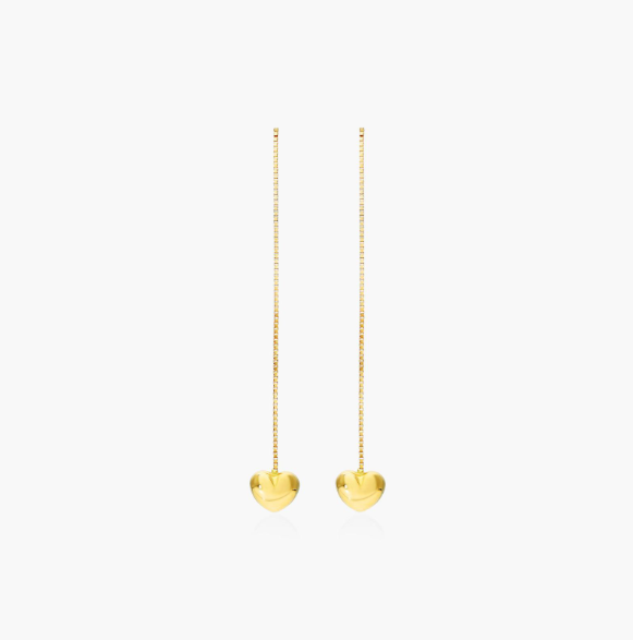 Puffed Heart Threader Earrings In 14K Yellow Gold