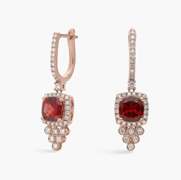 Cushion Cut Garnet and Diamond Drop Earrings in 14k Rose Gold