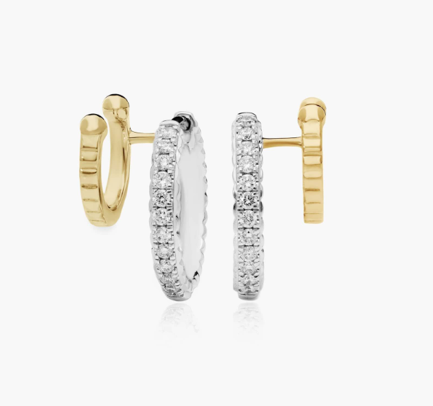 Two-Tone Double Row Climber Huggie Earrings With Lab-Grown Diamonds In 14K Gold