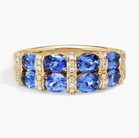 East-West Double Row Oval Cut Blue Sapphire and Pavé Diamond Ring In 14K Yellow Gold (7.55mm)