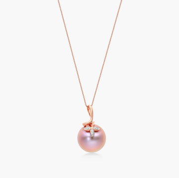 14K Rose Gold Pink Freshwater Cultured Windsor Pearl and Diamond Trio Leaf Pendant (13.0-14.0mm)