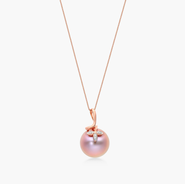 14K Rose Gold Pink Freshwater Cultured Windsor Pearl and Diamond Trio Leaf Pendant (13.0-14.0mm)